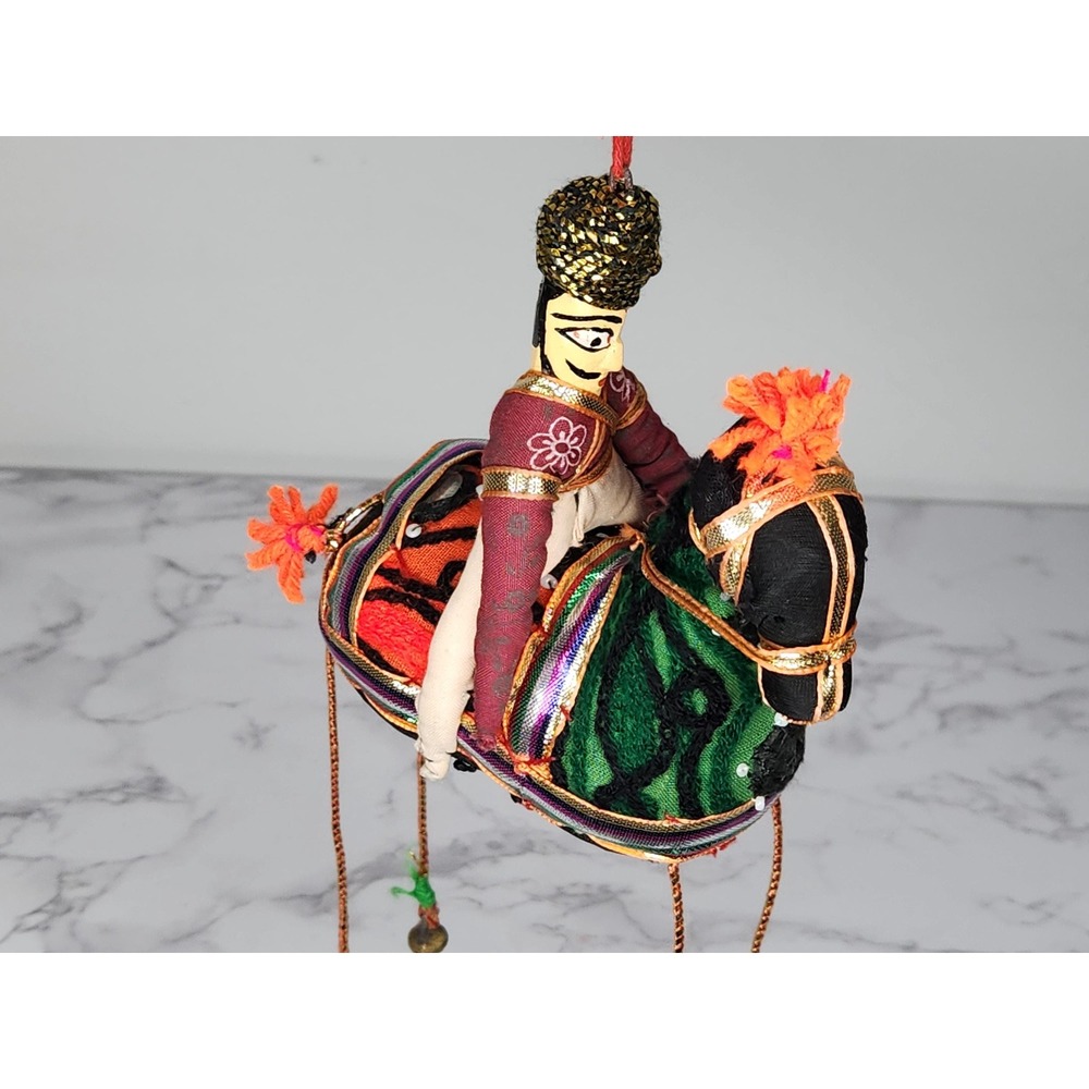 Vintage Rajasthani Indian Puppet Rider on Horse Hanging Ornament Folk Art Bell